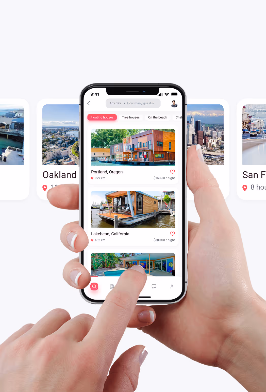 Product UX Research service in action: user testing a mobile interface for booking floating houses in the US
