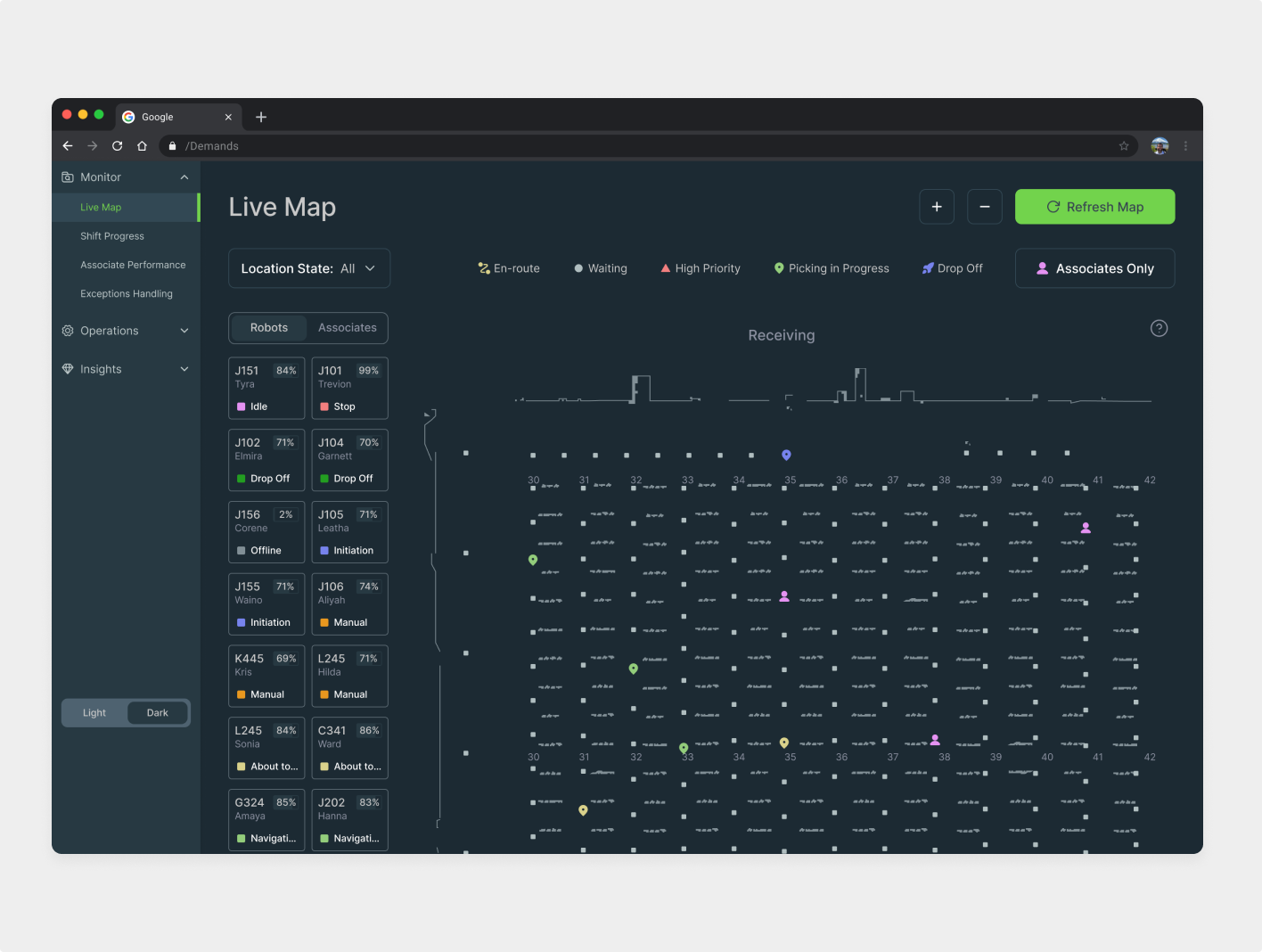 UX Audit of dark-mode unit map interface showing operational grid for real-time robot tracking