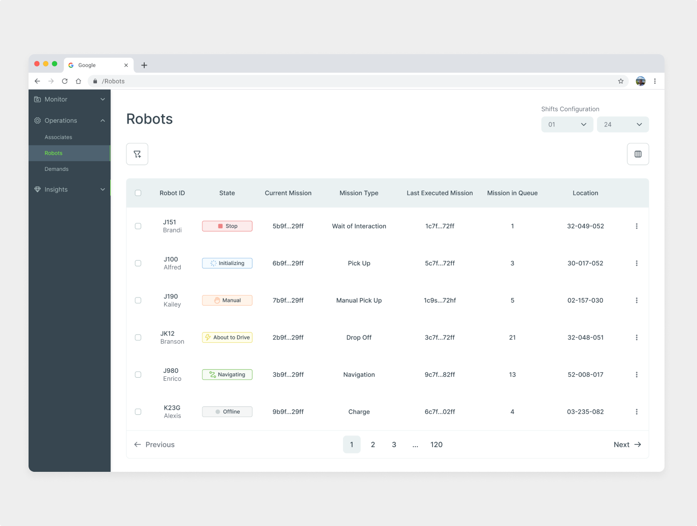 UX Audit screenshot of robot fleet monitoring interface with mission states, statuses, and location tracking