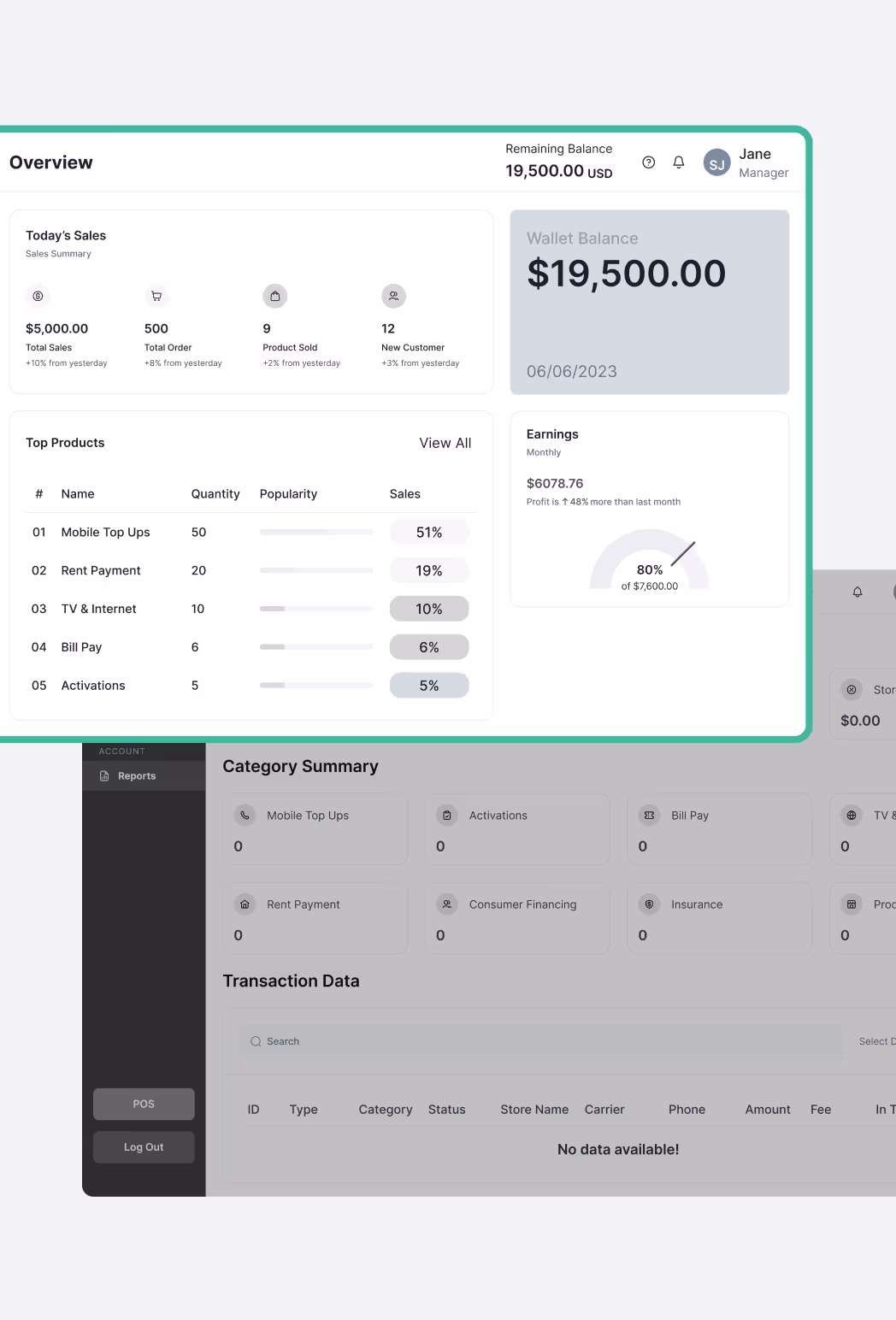 Wireframes service preview showing early-stage dashboard layout for sales and transaction analytics platform