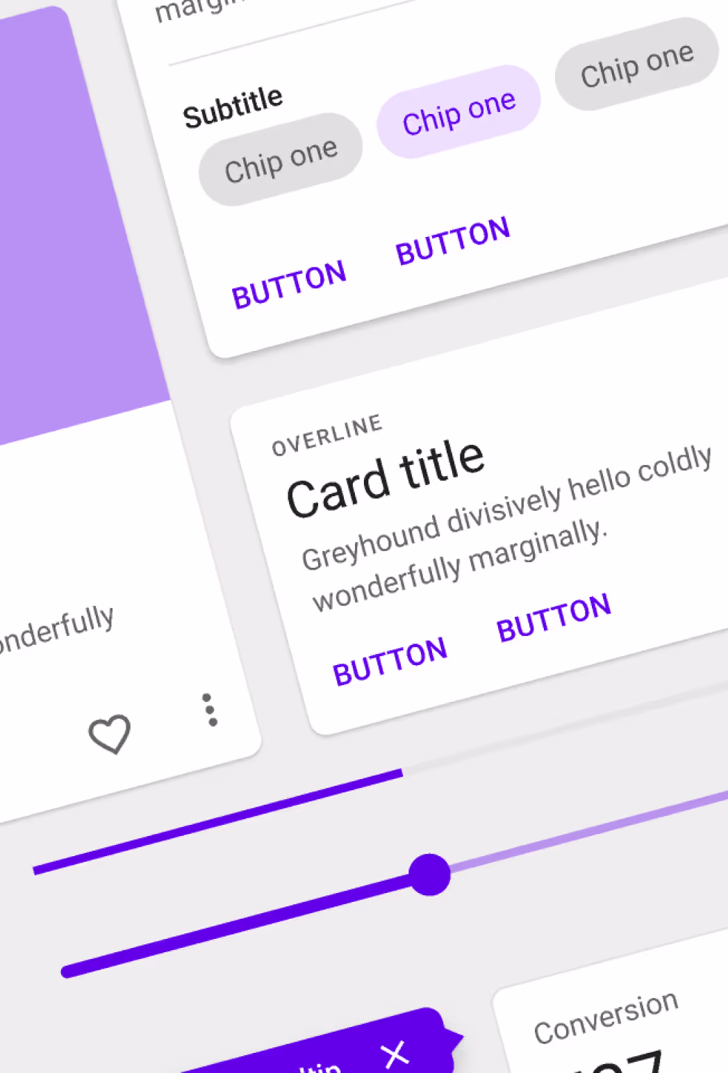 Design System components including buttons, chips, sliders, and card layouts with consistent UI styles