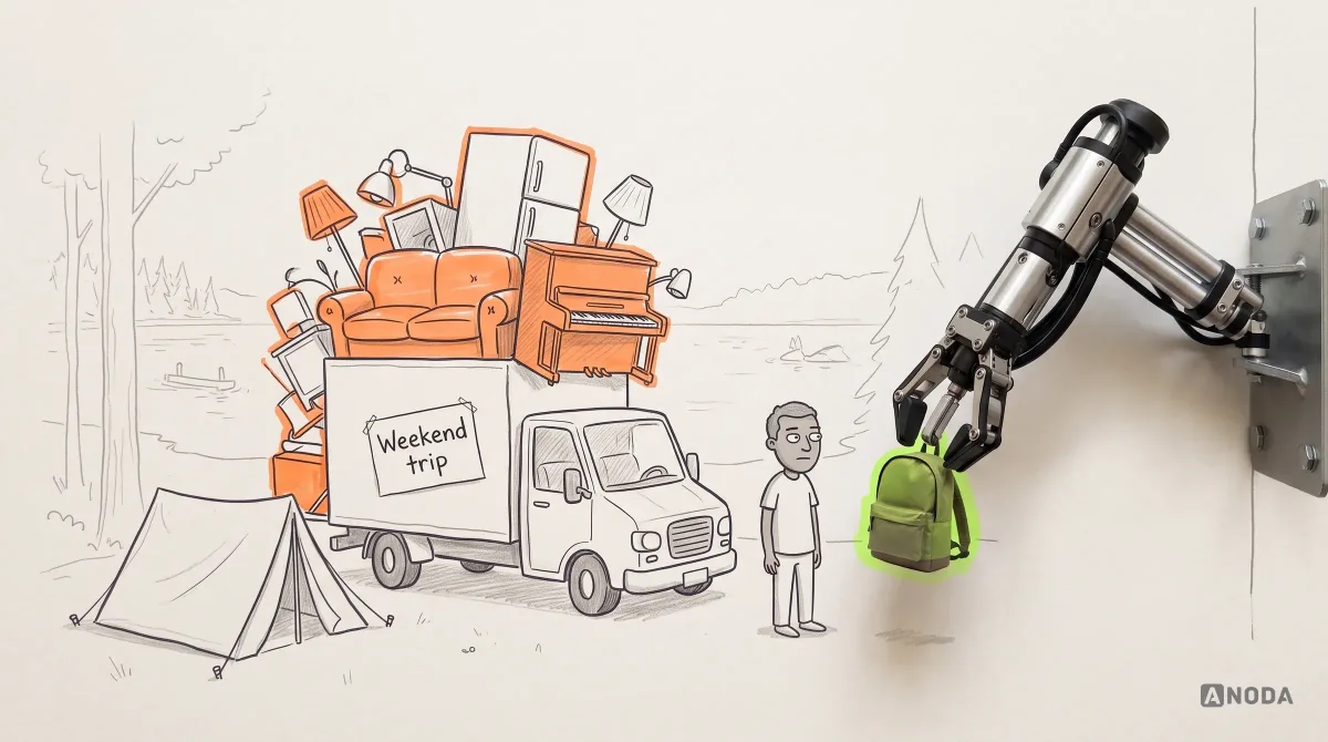 Mixed-media illustration: a drawn moving truck overflowing with an orange sofa, fridge, piano and lamps and a note reading “Weekend trip” is parked next to a small tent by a lake, while a real steel arm holds out a real small backpack to the camper.