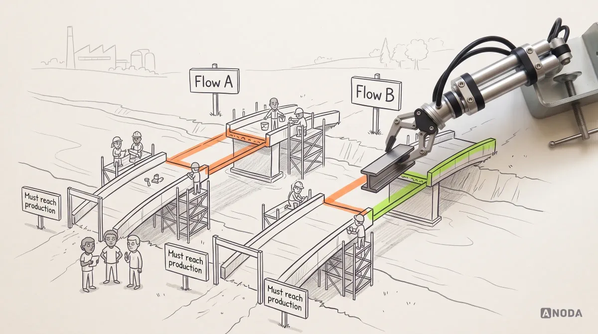 Mixed-media illustration: two drawn bridges labelled “Flow A” and “Flow B” under construction side by side, each with scaffolding and a sign “Must reach production”; a real steel arm lowers a real steel I-beam onto the unfinished span of Flow B, the gap highlighted orange.