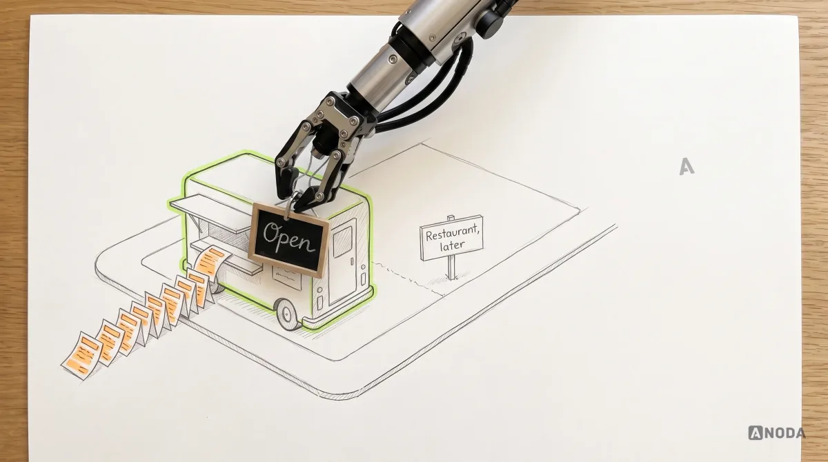 Mixed-media illustration: a drawn road with a small drawn food truck parked at a busy corner, a queue of drawn order tickets at its hatch, next to a drawn empty plot marked “Restaurant, later”; a real steel robotic arm places a real small chalkboard sign “Open” on the truck’s counter, highlighted in lime.