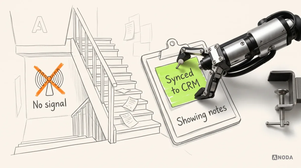 Mixed-media illustration: a drawn staircase leads down into a drawn basement where a phone signal icon is crossed out in orange next to the words “No signal”, with loose drawn note pages scattered on the steps; a real steel robotic arm entering from the right pins a real pushpin through a lime drawn sticky note reading “Synced to CRM” onto a drawn clipboard labelled “Showing notes”.