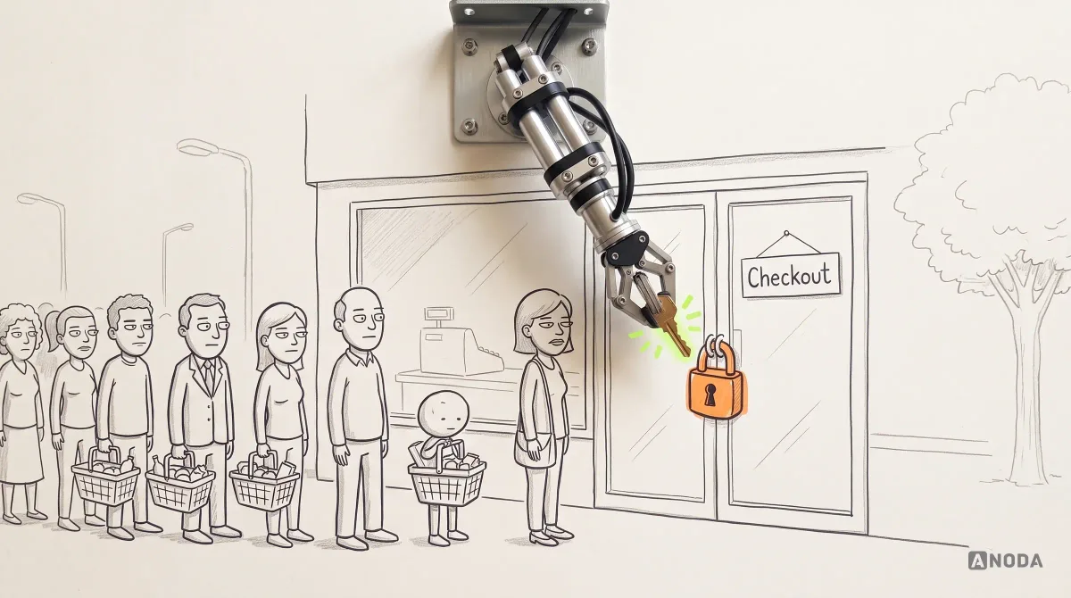 Mixed-media illustration: a drawn queue of shoppers with full baskets waits outside a shop door marked “Checkout” and locked with an orange padlock, while a real steel arm hanging from the top holds a real brass key to the lock.