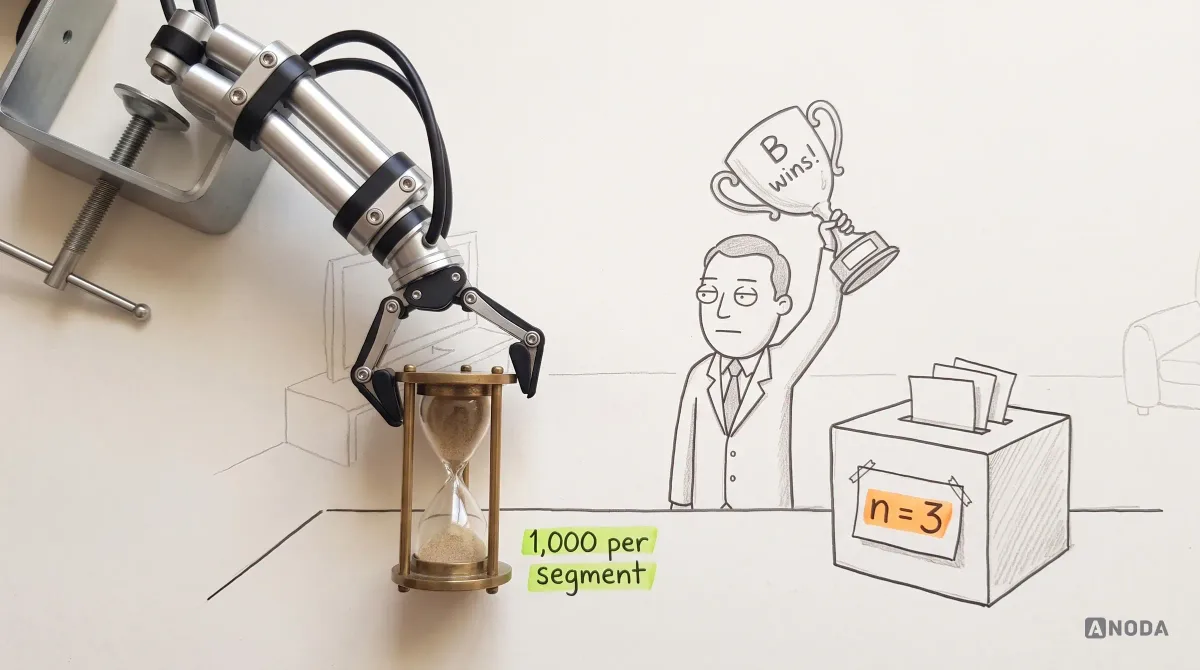 Mixed-media illustration: a drawn analyst lifts a trophy reading “B wins!” beside a ballot box holding three ballots and a card “n = 3” highlighted orange; a real steel arm sets a real hourglass on the table, sand still running, beside a lime label “1,000 per segment”.