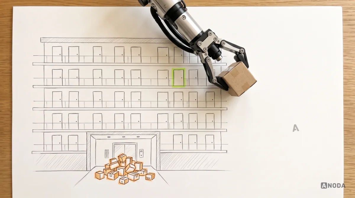 Mixed-media illustration: a drawn apartment block with dozens of identical doors and a pile of orange parcels dumped at the main entrance; a real steel robotic arm carries one real small cardboard parcel straight to a single flat door on an upper floor, outlined in lime.