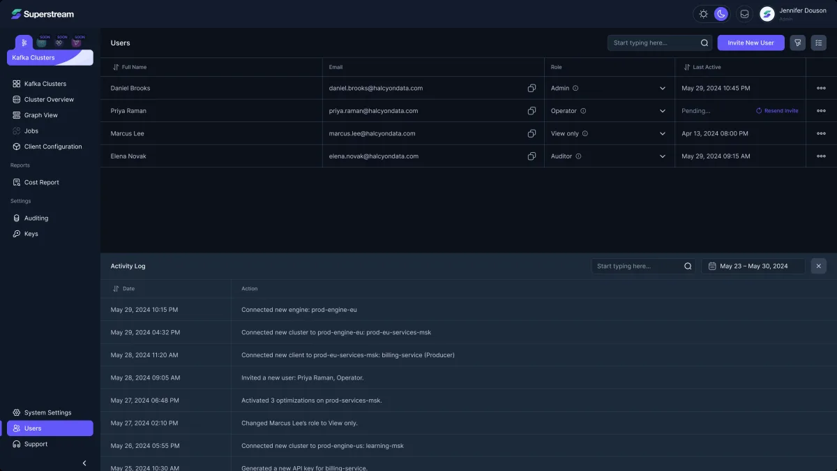 The same Users screen in the dark theme