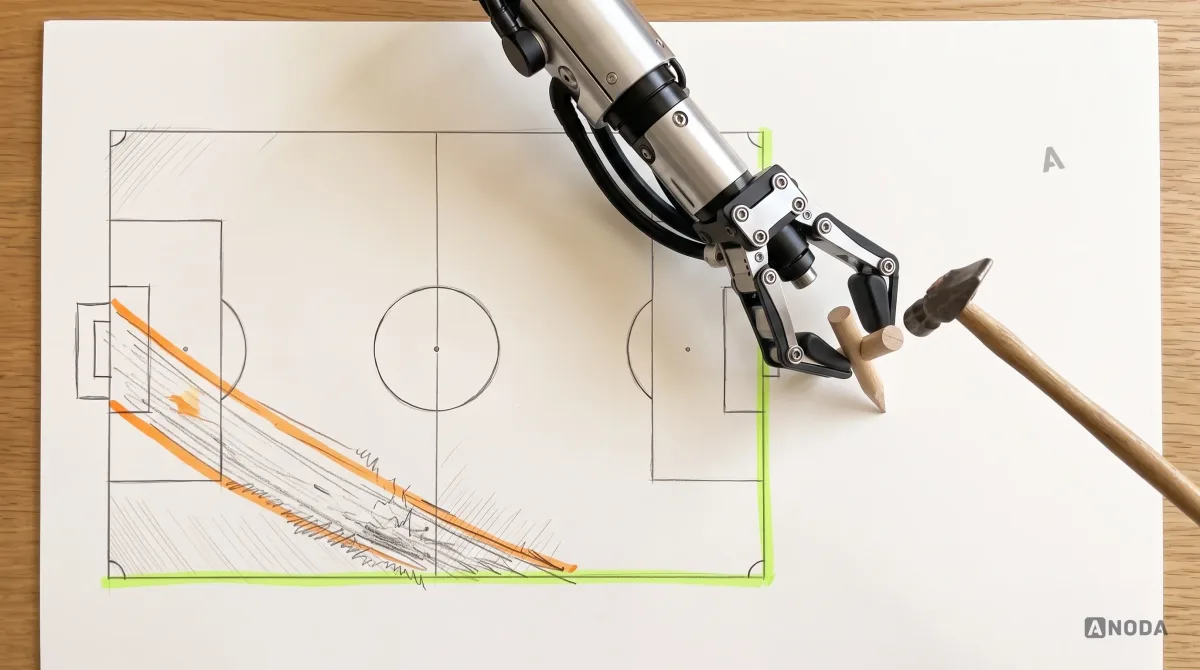 Mixed-media illustration: a drawn football pitch where the goal posts have visibly been dragged to a new position, leaving marks on the grass, highlighted in orange; a real steel robotic arm hammers a real small wooden peg into the ground at the original goal line, highlighted in lime.