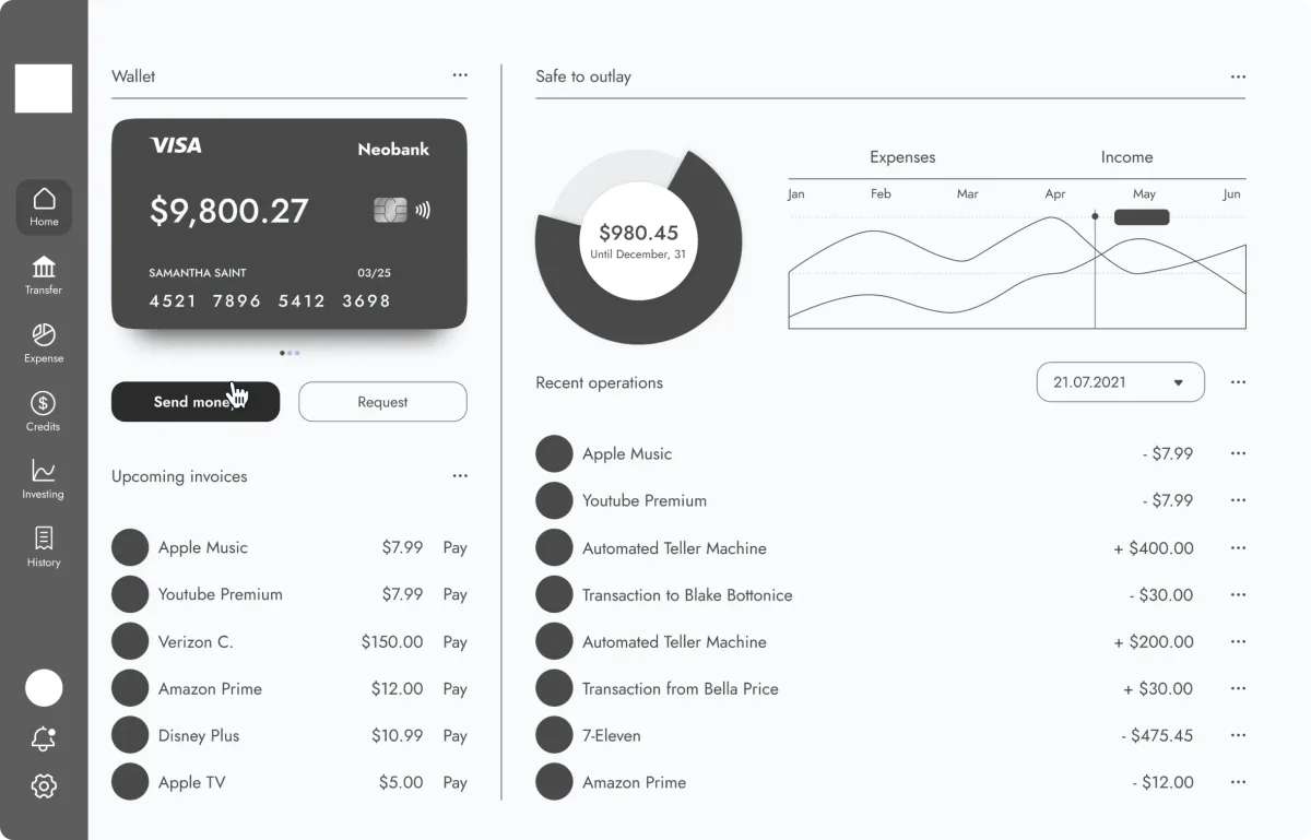 A dashboard displaying a credit card alongside a balance, illustrating mobile and web app design in 2024.