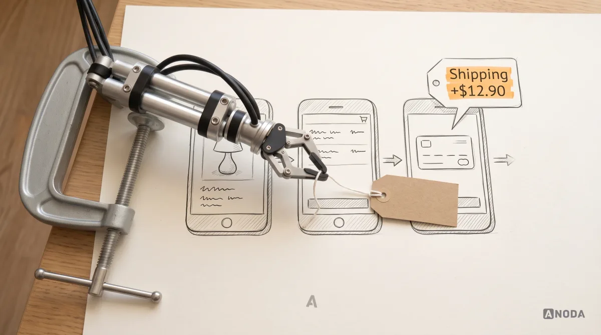 Mixed-media illustration: three drawn phone screens for product, cart and payment; a “Shipping +$12.90” bubble highlighted in orange pops up over the last one, and an arrow leads away from it to empty paper; a real steel robotic arm pulls a real kraft paper price tag on a string from the last screen back toward the first