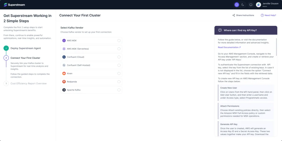 Superstream onboarding: Connect Your First Cluster, with seven Kafka vendors to choose from and a guide to finding the API key beside them