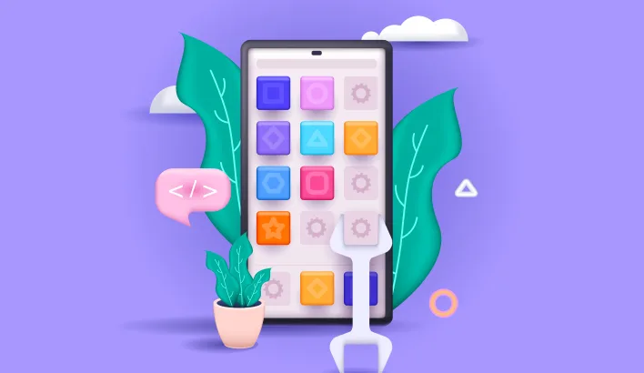 A smartphone alongside a plant and a wrench, symbolizing innovation and maintenance in enterprise application design.