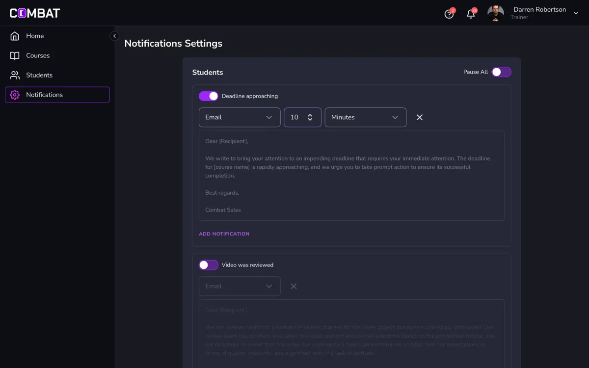 Trainer notification settings: deadline approaching, video reviewed and other events, each with a switch, channel, timing and email template