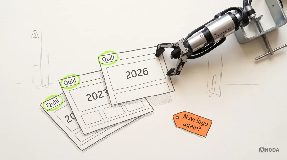 Mixed-media illustration: a real steel robotic arm clamped at the top-right corner slides a new drawn website frame labelled “2026” onto a stack of older frames labelled “2020” and “2023”, while the same small drawn wordmark “Quill” sits unchanged in the top-left corner of every frame, circled in lime; an orange tag reading “New logo again?” lies ignored at the side.