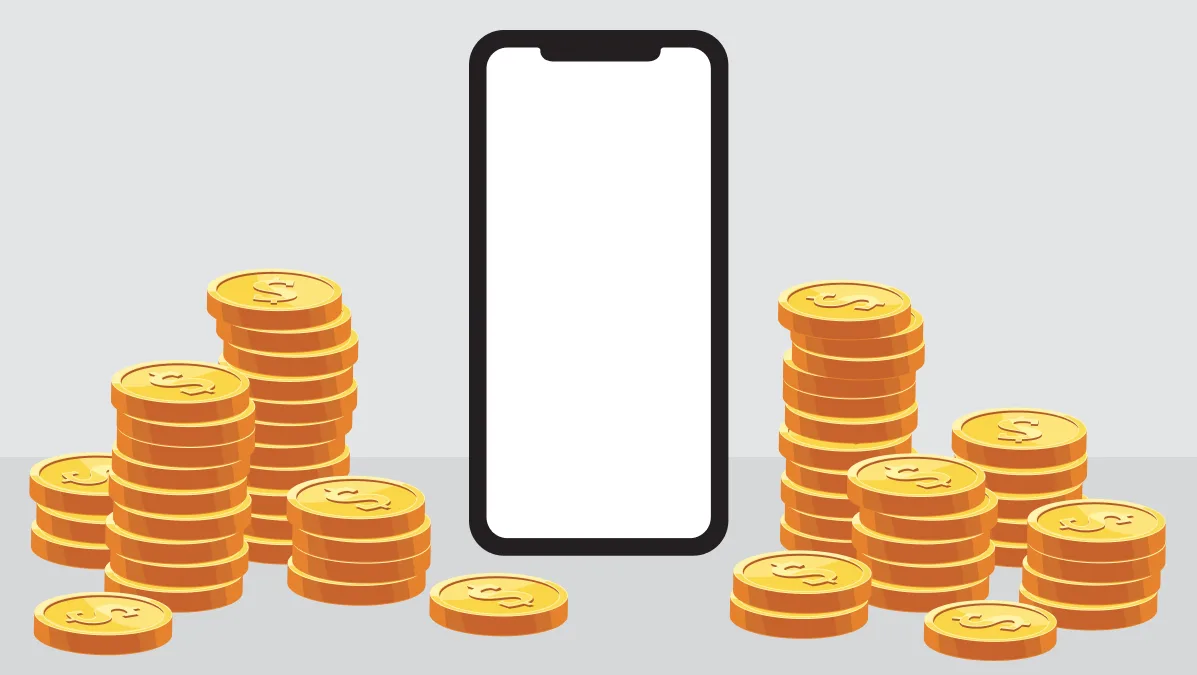 A smartphone with a blank screen placed beside stacks of coins, symbolizing financial technology or savings.