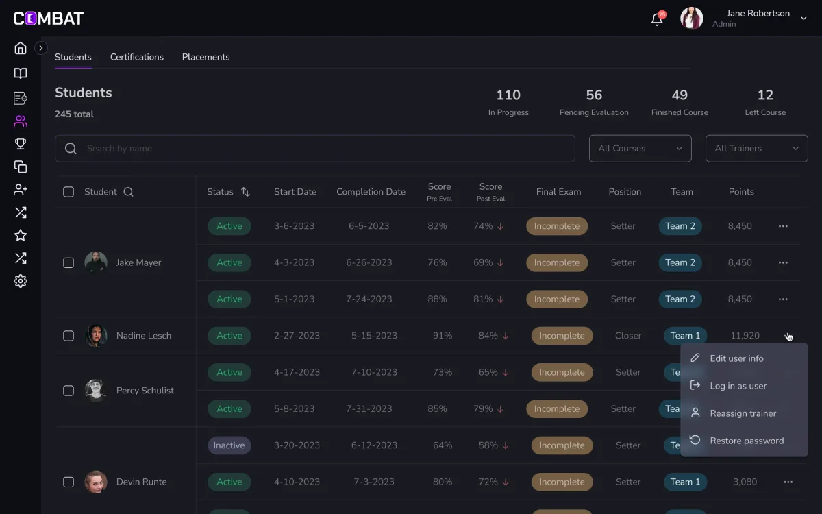 Students table with counts in progress, pending evaluation, finished and left, course rows with status, dates, scores, final exam, position, team and points, and a row menu with edit, log in as user, reassign trainer and restore password