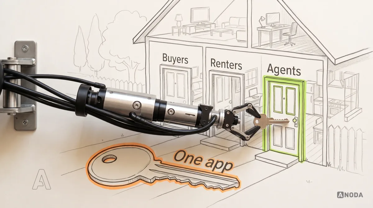 Mixed-media illustration: a drawn cutaway house with three front doors labelled “Buyers”, “Renters” and “Agents”; a huge drawn key labelled “One app”, outlined in orange, lies on the path, too big for any lock; a real steel robotic arm on a wall bracket fits a small real key into the lock of the “Agents” door, which is outlined in lime.