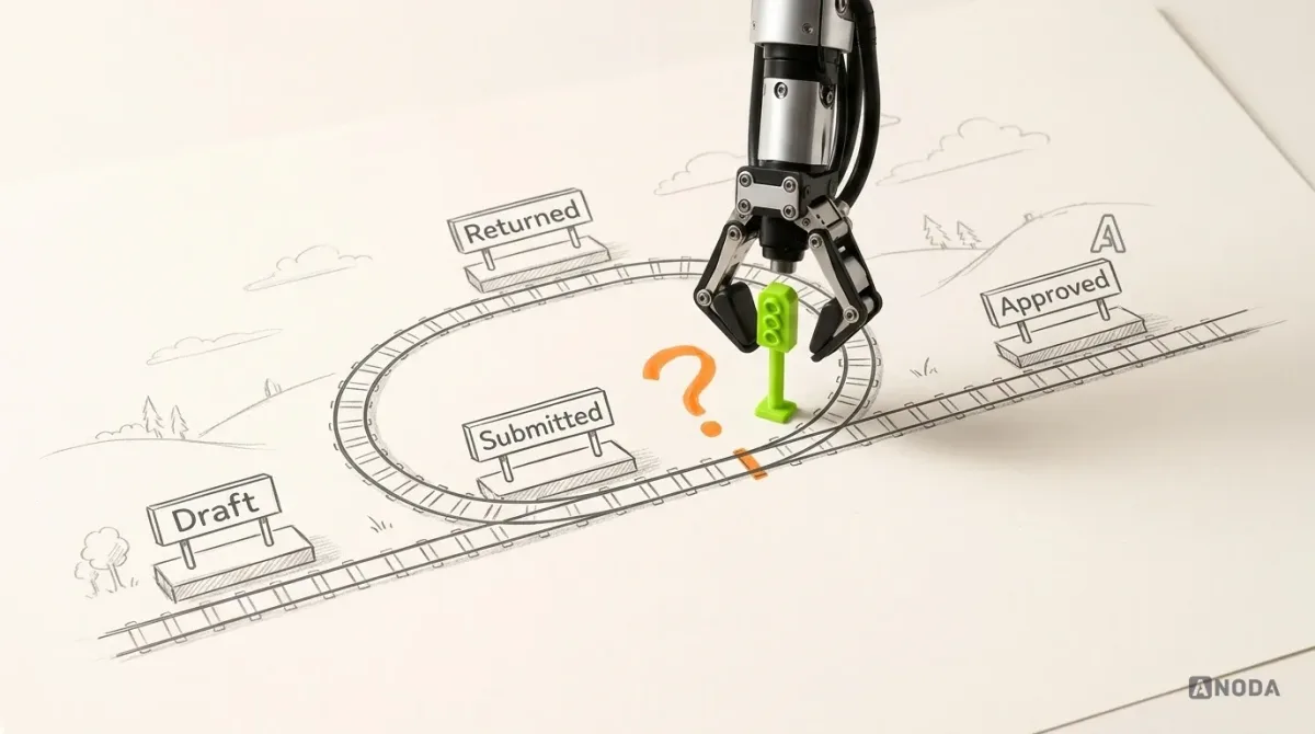 Mixed-media illustration: a drawn railway line with stations “Draft”, “Submitted”, “Returned” and “Approved”, a loop of track from “Returned” back to “Submitted”, and a real steel arm setting a lime signal post at the junction marked with an orange question mark.