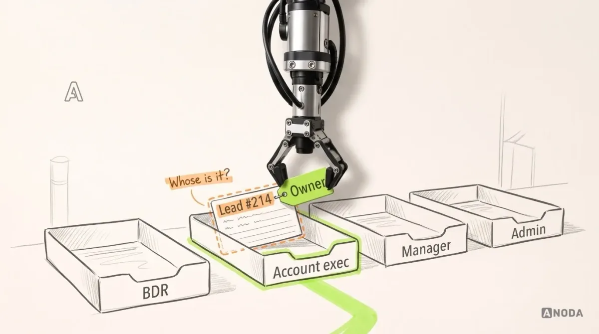 Mixed-media illustration: four drawn in-trays labelled “BDR”, “Account exec”, “Manager” and “Admin”; a record card “Lead #214” sits between the first two with an orange note “Whose is it?”, and a real steel arm clips a lime “Owner” tag to it and slides it into the “Account exec” tray.