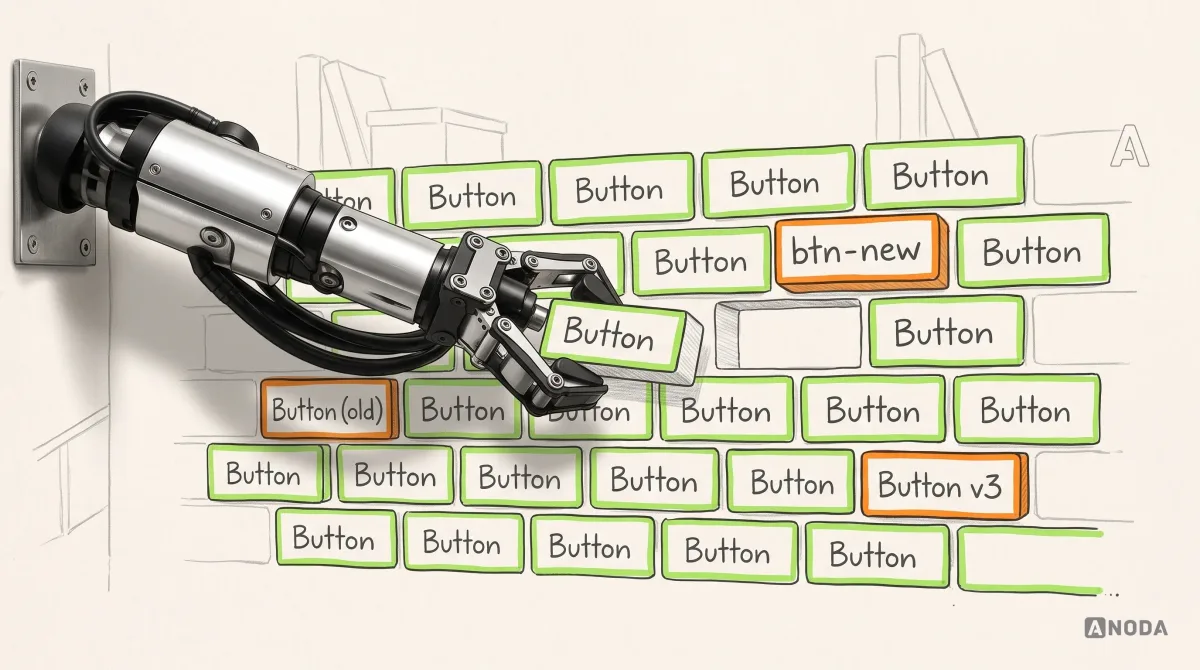 Mixed-media illustration: a drawn brick wall made of bricks labelled “Button”, most of them the same size with lime outlines, a few odd-sized orange bricks sticking out labelled “Button (old)”, “btn-new” and “Button v3”; a real steel robotic arm reaching in from the left edge sets one standard lime “Button” brick into a gap.