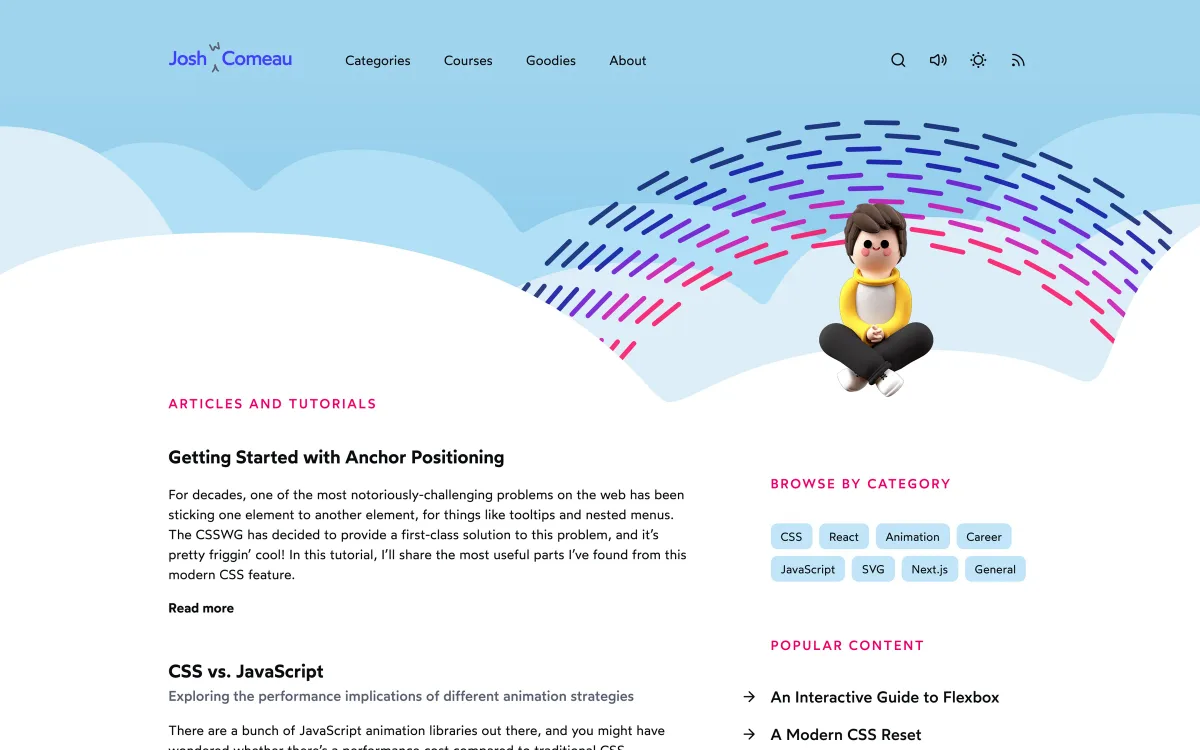 Josh W. Comeau homepage: an illustrated header with the latest tutorial “Getting Started with Anchor Positioning” and categories such as CSS, React and animation.