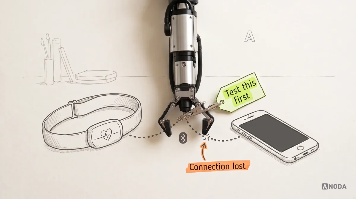 Mixed-media illustration: a drawn heart-rate strap is linked to a drawn phone by a dotted Bluetooth line that snaps where the phone’s screen goes dark, with an orange label “Connection lost”; a real steel robotic arm hanging from the top edge clips a real crocodile clip across the break, and a lime tag on the clip reads “Test this first”.