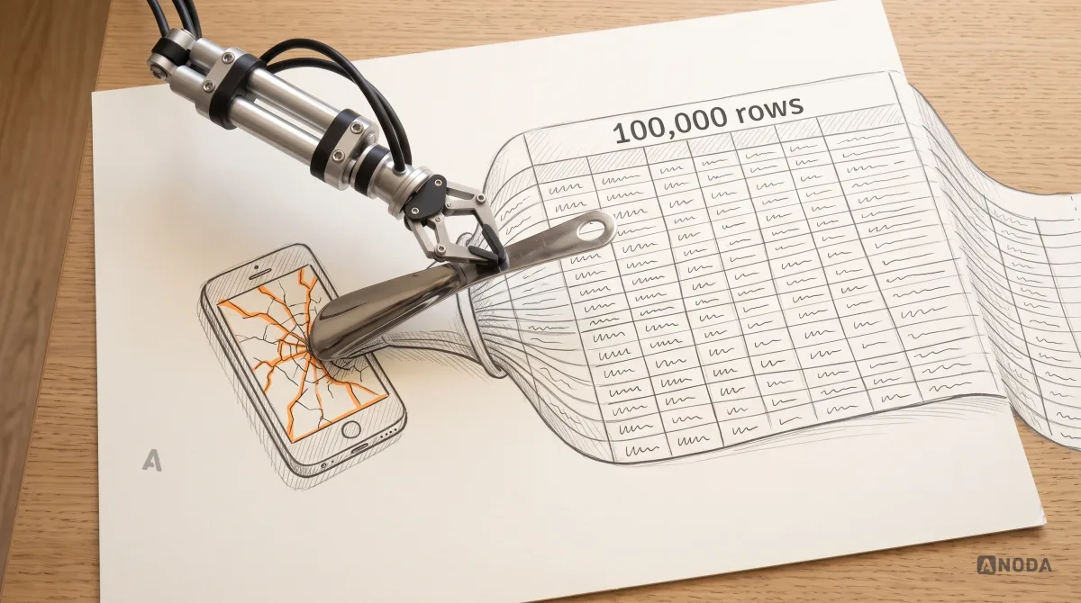 Mixed-media illustration: a huge drawn spreadsheet labelled “100,000 rows” hangs off the paper and is being forced into a tiny drawn phone whose screen cracks, while a real steel robotic arm tries to push it in with a real metal shoehorn.