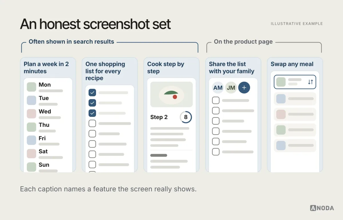 Five Mealwise store screenshots captioned Plan a week in 2 minutes, One shopping list for every recipe, Cook step by step, Share the list with your family and Swap any meal, with the first three marked as often shown in search results.