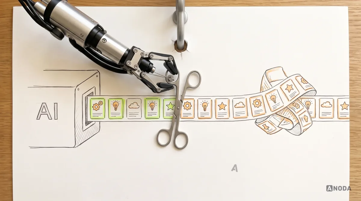 Mixed-media illustration: a drawn machine labelled “AI” prints an ever-growing ribbon of feature cards that piles up on the table, highlighted in orange; a real steel robotic arm holds a real pair of scissors, cutting the ribbon after five cards, which are highlighted in lime.