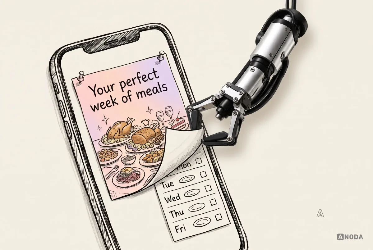 Mixed-media illustration: a real steel arm peels back the corner of a glossy poster reading “Your perfect week of meals”, pinned over a drawn phone, to show the plain real app screen underneath with a Monday to Friday meal list.