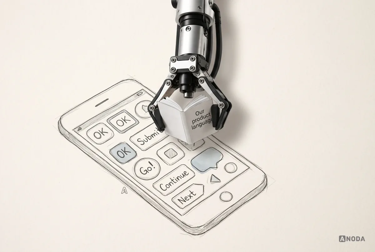 A steel robotic hand holds a real pocket phrasebook titled ‘Our product language’ over a drawn phone screen full of mismatched buttons reading ‘OK’, ‘Submit’, ‘Go!’, ‘Continue’ and ‘Next’.