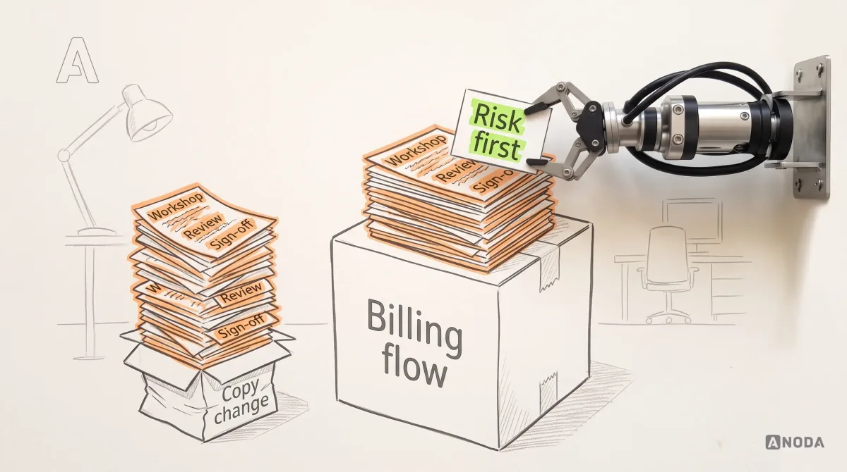 Mixed-media illustration: two drawn boxes, a tiny one labelled “Copy change” and a huge one labelled “Billing flow”, each carrying the same stack of orange rubber-stamped forms reading “Workshop”, “Review” and “Sign-off”; the tiny box sags open under its taller stack while a real steel arm sets one card lettered in lime, “Risk first”, on top of the billing box.