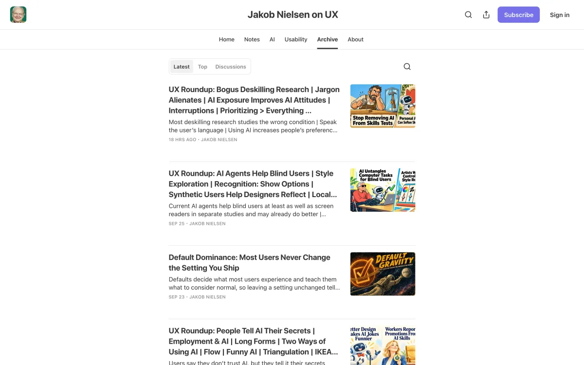 Jakob Nielsen on UX archive: a Substack archive listing UX Roundup posts and the essay “Default Dominance: Most Users Never Change the Setting You Ship”, with illustrated thumbnails, dated September 2026.