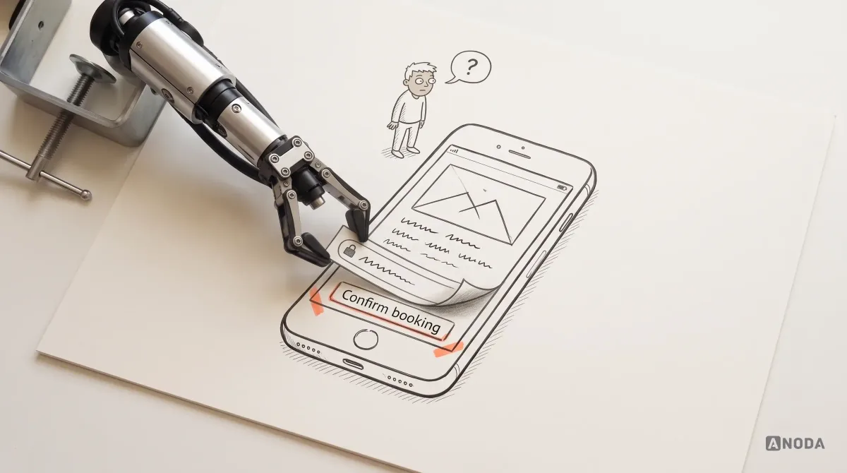 Mixed-media illustration: a real steel arm lifts the edge of a drawn browser address bar at the bottom of a large drawn phone to reveal a hidden “Confirm booking” button, while a small drawn user above looks puzzled.
