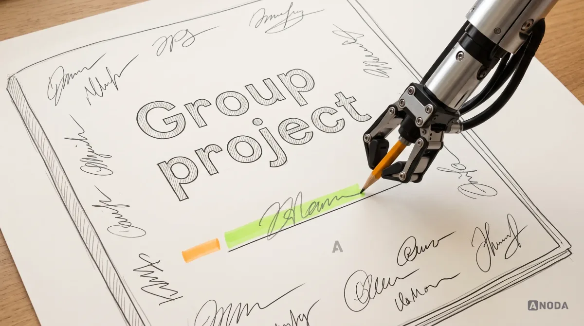 Mixed-media illustration: a drawn school homework folder stamped “Group project” is surrounded by squiggle signatures, with an empty name line highlighted in orange; a real steel robotic arm writes on the empty line with a real pencil, and the line turns lime.
