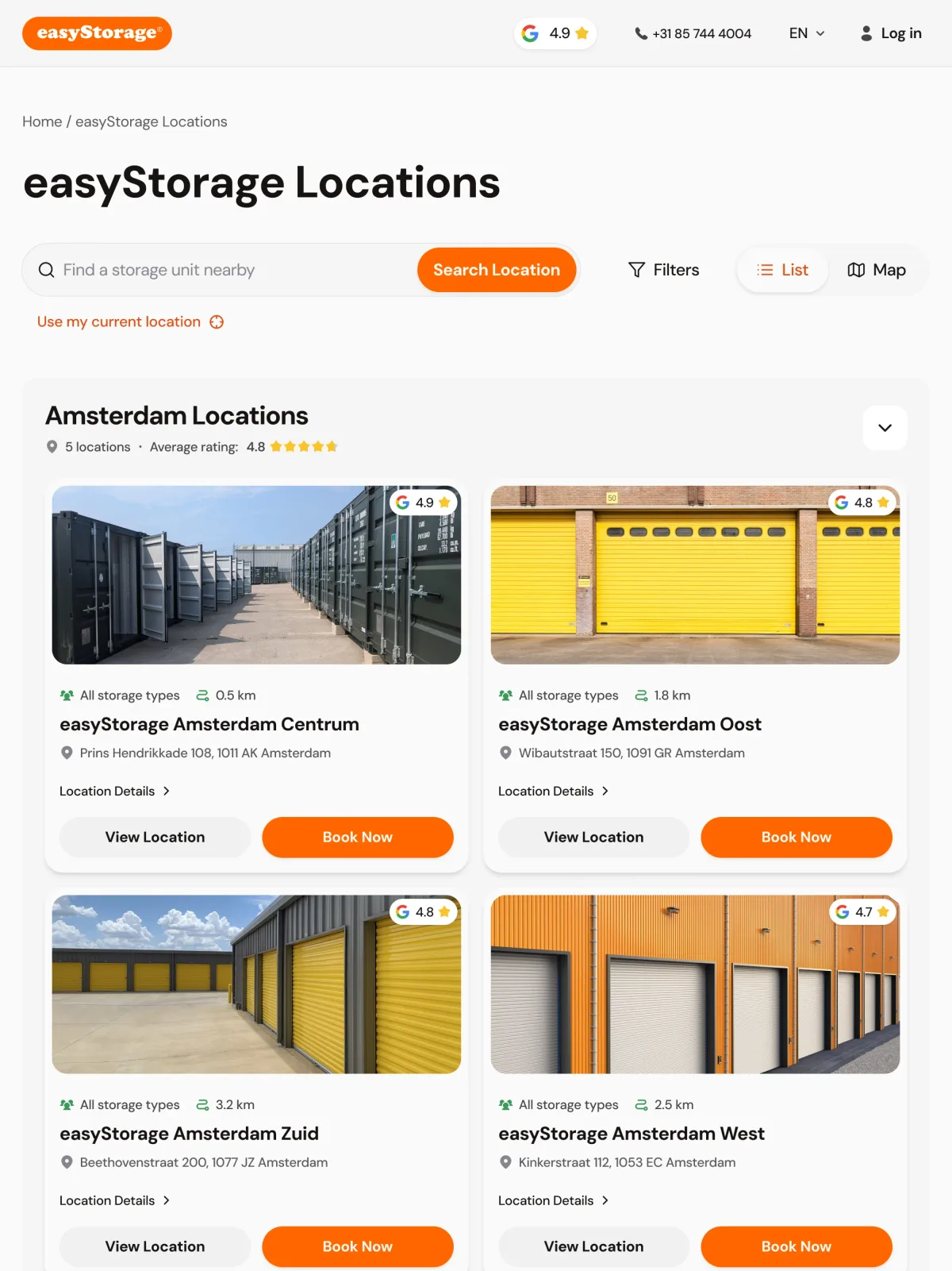 easyStorage Locations on a tablet: search and Amsterdam locations as photo cards two to a row