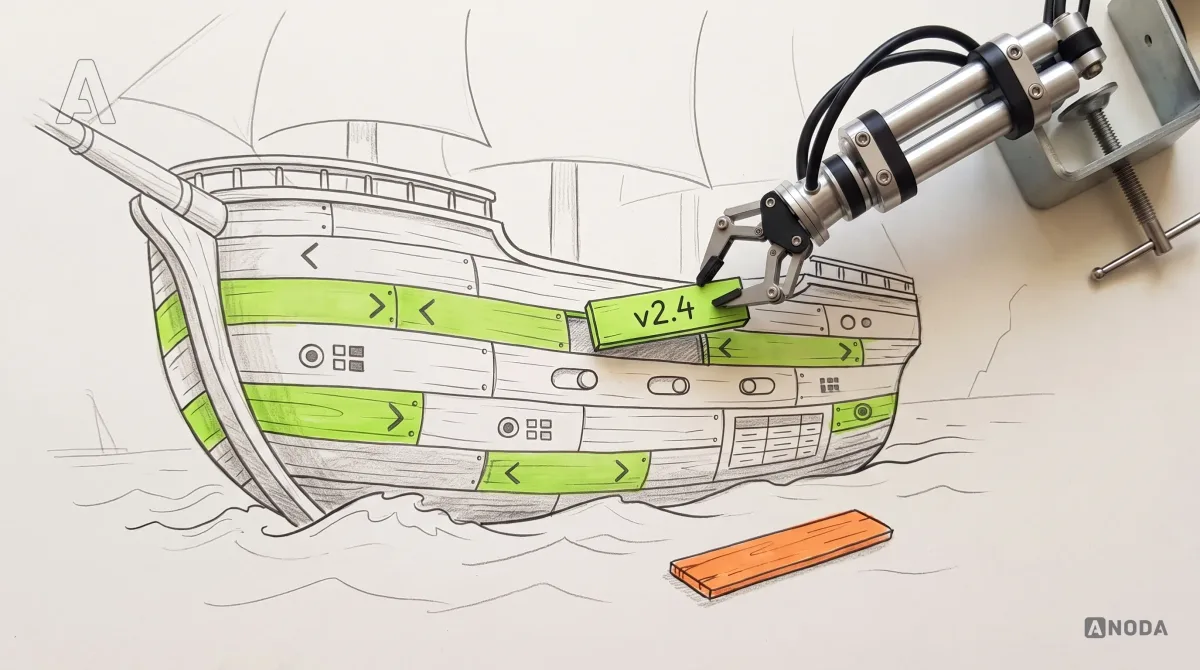 Mixed-media illustration: a drawn wooden sailing ship whose planks are drawn interface components, several already replaced with lime planks; a real steel robotic arm clamped at the right edge fits a new lime plank labelled “v2.4” into the hull while an old orange plank lies discarded on the paper.