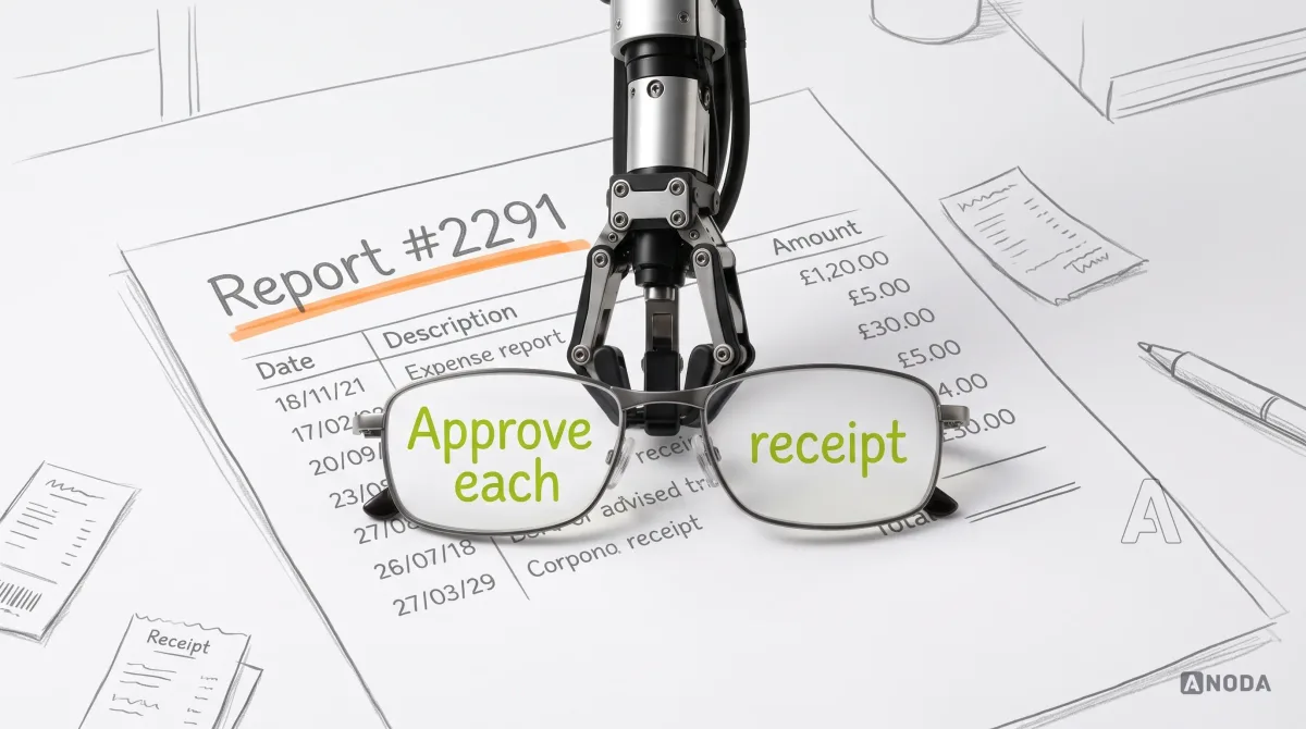 Mixed-media illustration: a drawn expense report with columns of dates and amounts lying on a desk among drawn receipts, its heading “Report #2291” underlined in orange, and a real steel arm hanging from the top holding a real pair of reading glasses over the page, so that inside the lenses the drawn text changes to “Approve each receipt” in lime.