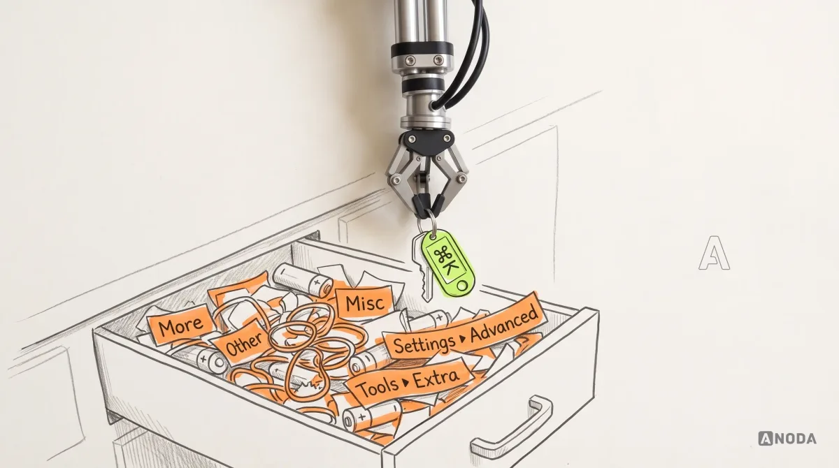 Mixed-media illustration: a drawn kitchen junk drawer pulled open and overflowing with orange paper scraps labelled “More”, “Other”, “Misc”, “Settings ▸ Advanced” and “Tools ▸ Extra”; a real steel robotic arm hanging from the top edge lifts out a single lime key tag labelled “⌘K”.