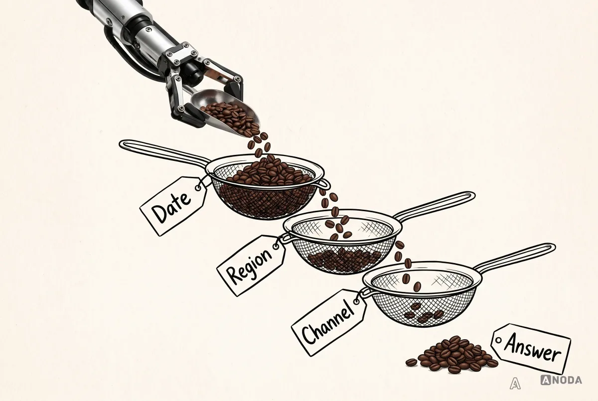 Mixed-media illustration: a real steel arm tips a scoop of coffee beans into a drawn sieve labelled “Date”, which drips fewer beans through sieves labelled “Region” and “Channel” onto a small pile labelled “Answer”.