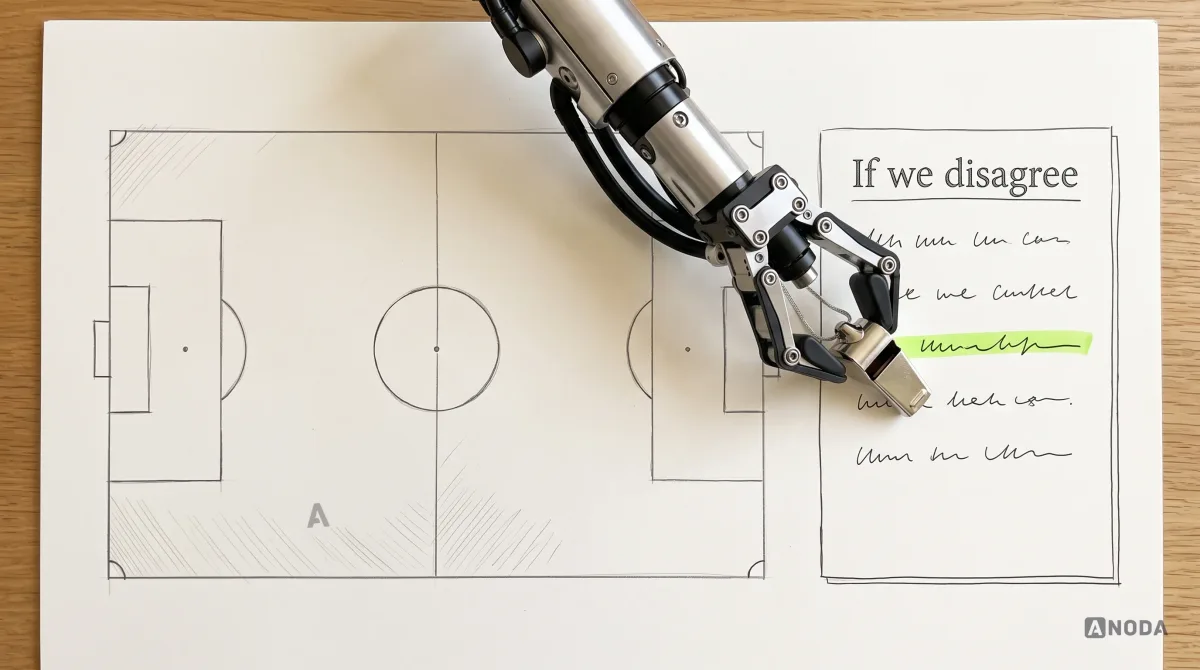 Mixed-media illustration: an empty drawn sports pitch seen from above with a drawn rulebook page titled “If we disagree”; a real steel robotic arm places a real metal referee’s whistle on the page next to one line highlighted in lime.