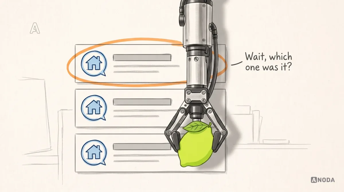 Mixed-media illustration: a drawn search results page lists three cleaning services with identical blue bubble logos, the top one circled in orange with a note “Wait, which one was it?”; a real steel robotic arm hanging from the top edge places a lime lemon-shaped mascot onto the third listing so it stands out from the other two.