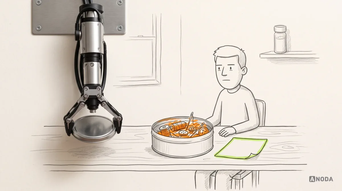 Mixed-media illustration: a real steel arm from the top lifts the lid of a drawn biscuit tin that turns out to be full of orange-marked sewing threads and buttons, in front of a drawn man at a kitchen table