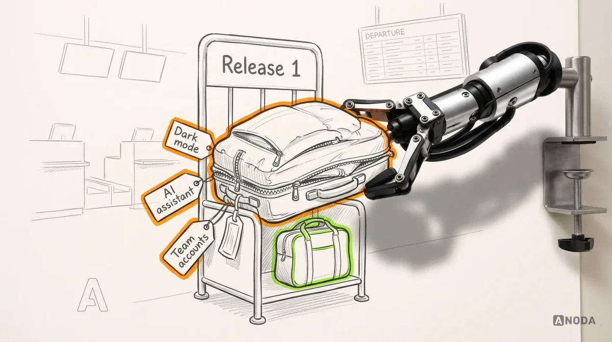 Mixed-media illustration: a drawn metal cabin-bag sizer labelled “Release 1” stands on paper with an overstuffed drawn suitcase jammed half inside, its zip bursting and luggage tags reading “Dark mode”, “AI assistant” and “Team accounts” outlined in orange; a real steel robotic arm on a table clamp lifts the suitcase out while a small lime-outlined bag sits in the sizer, fitting perfectly.