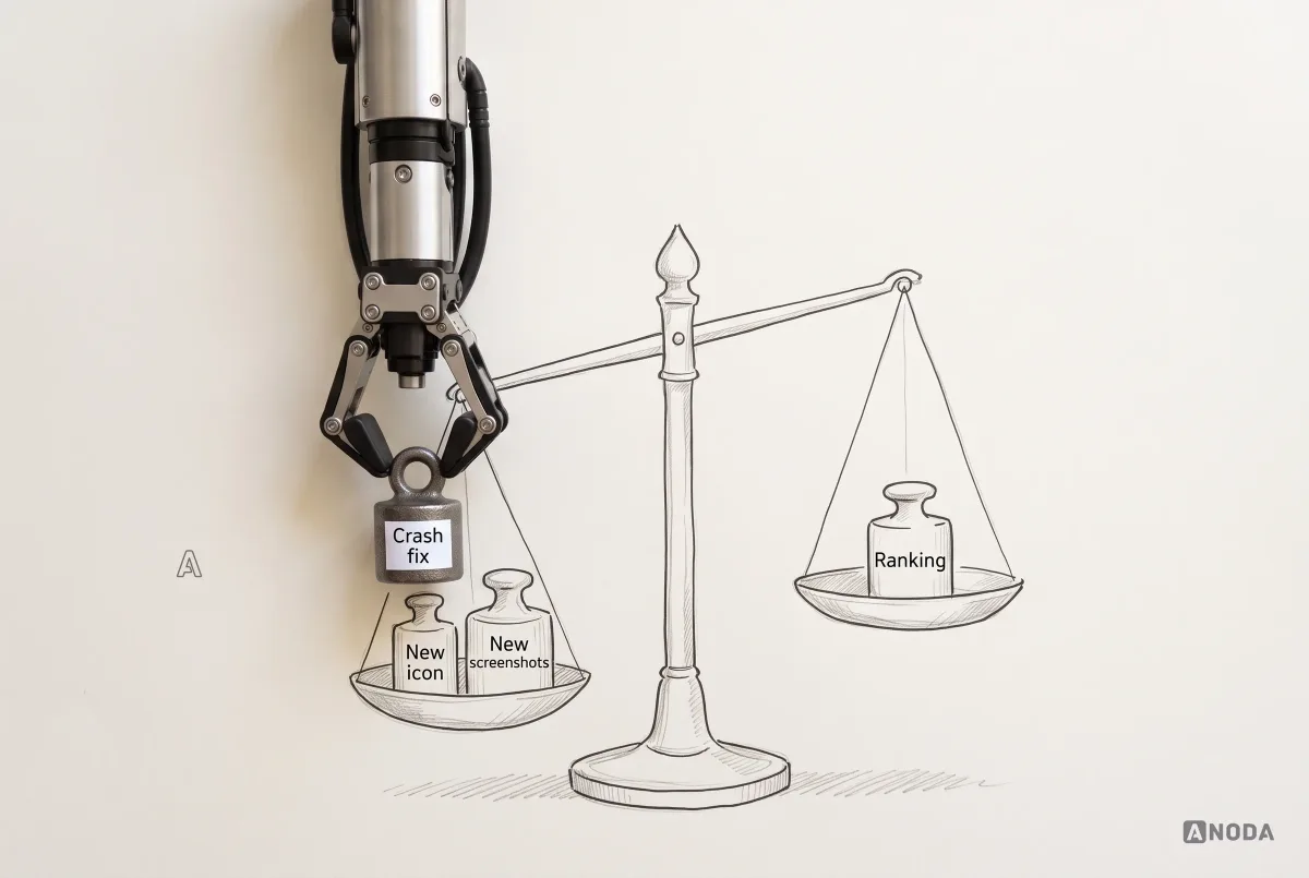 Mixed-media illustration: a real steel arm lifts a real iron weight labelled “Crash fix” off one pan of a drawn balance scale, leaving drawn weights “New icon” and “New screenshots” on that pan and “Ranking” on the other.