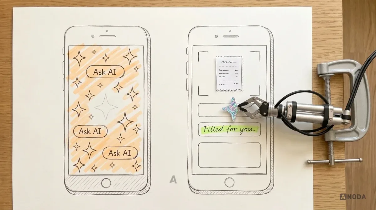 Mixed-media illustration: a drawn phone screen covered in drawn sparkle icons and “Ask AI” buttons, highlighted in orange; a real steel robotic arm removes a real small glittery sticker from the screen and places it instead on a drawn receipt-scanning form field, where it turns into a lime “Filled for you” tag.