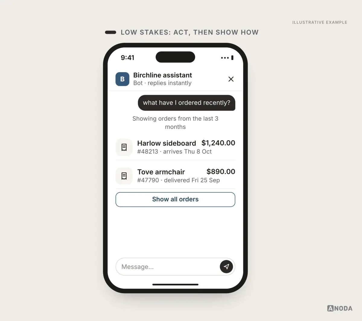 Illustrative example: the user asks “what have I ordered recently?” and the bot lists two orders under a line reading “Showing orders from the last 3 months”, with a “Show all orders” button.