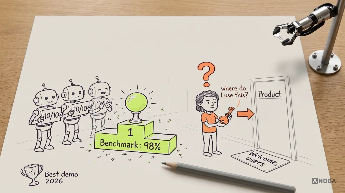 Mixed-media illustration: a real steel robotic gripper holds a steel key while drawn robot judges score a shining answer 10 out of 10 on a “Benchmark: 98%” podium, and a drawn user holds the same answer like a key in front of a “Product” door with no handle.